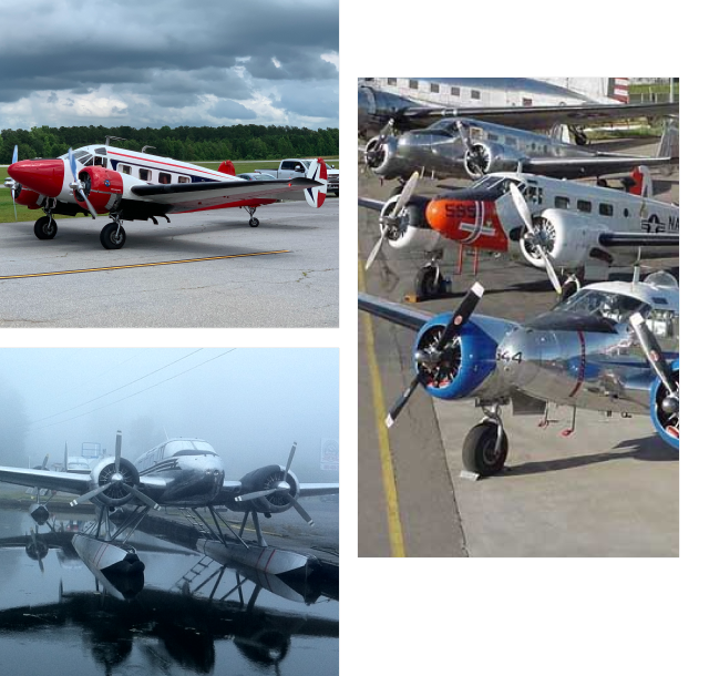 Four vintage propeller airplanes displayed on a tarmac.