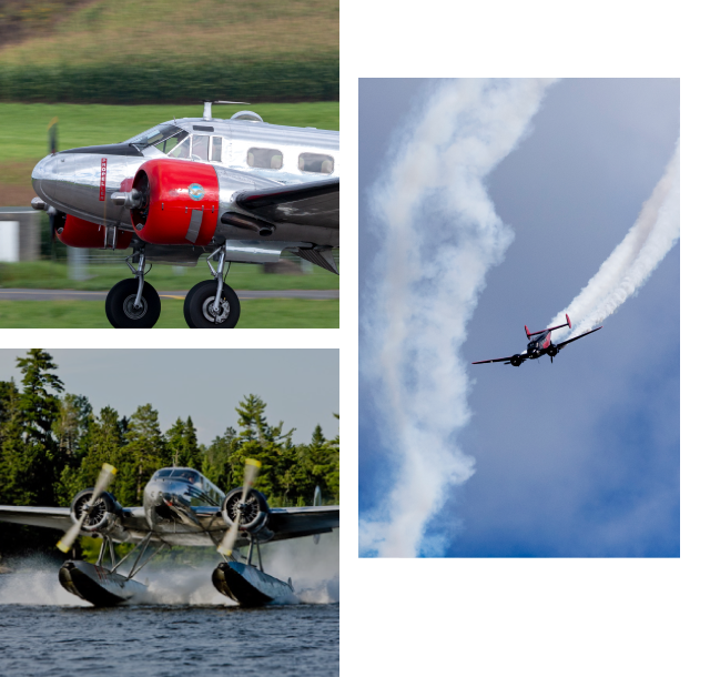 Three images showcasing vintage aircraft in different settings.