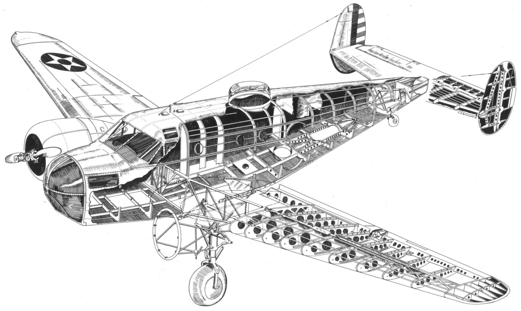 Technical drawing of an aircraft's internal structure and components.